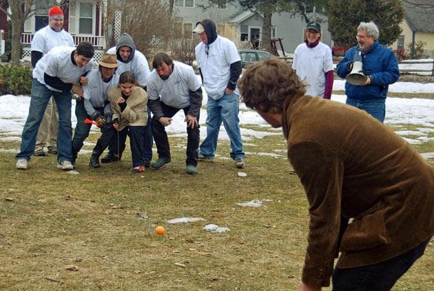 The Lamoille Society for the Promotion of Croquet players are the first from outside the county to win the Intergalactic Winter Croquet Rotating Trophy. (Karen Given/WBUR)