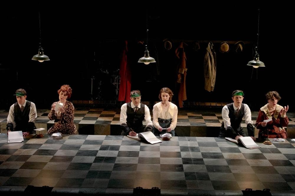 From left, Bob De Vivo, Leigh Barrett, Brendan McNab, Liz Hayes, David Krinitt and Cheryl McMahon in a scene from "Adding Machine: A Musical." (Mark L. Saperstein/SpeakEasy Stage Company)