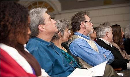Fabienne Cassius, Robert Pinsky and Rosanna Warren listening at