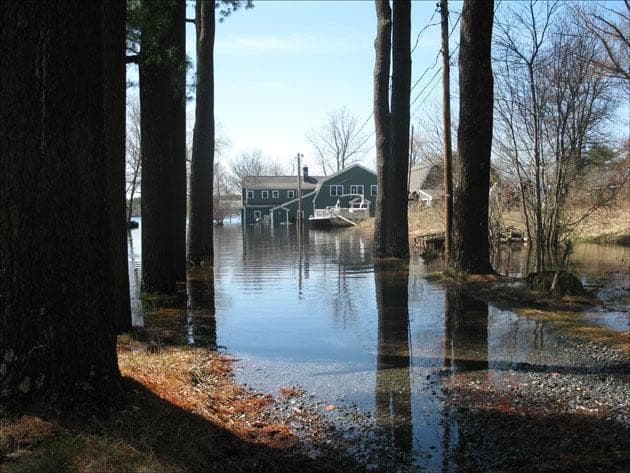 The Hutchens' home in Freetown is surrounded by the high waters of Long Pond. (Fred Thys/WBUR)
