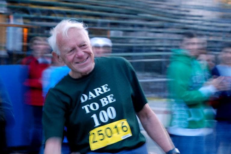 Dr. Walter Bortz, after his 40th marathon on Monday (Sonari Glinton for WBUR)