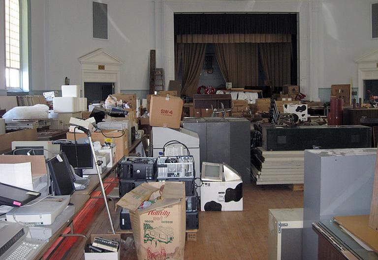 'We can't afford to fix it, we can't afford to tear it down,' Mayor Hawke says of City Hall's auditorium. Now it's for storage. (David Boeri/WBUR) (Click to enlarge)