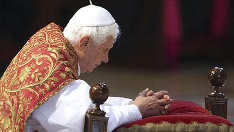 Pope Benedict XVI kneels during a service in St. Peter's Basilica at the Vatican, April 2, 2010. (AP)