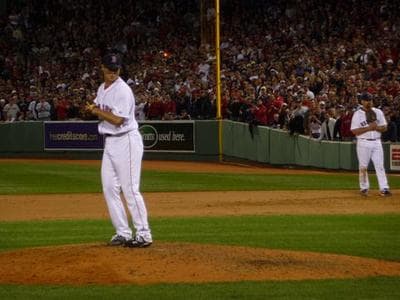 Pitcher Jonathan Papelbon closes out the Yankees in the ninth. (Sam Fleming/WBUR)