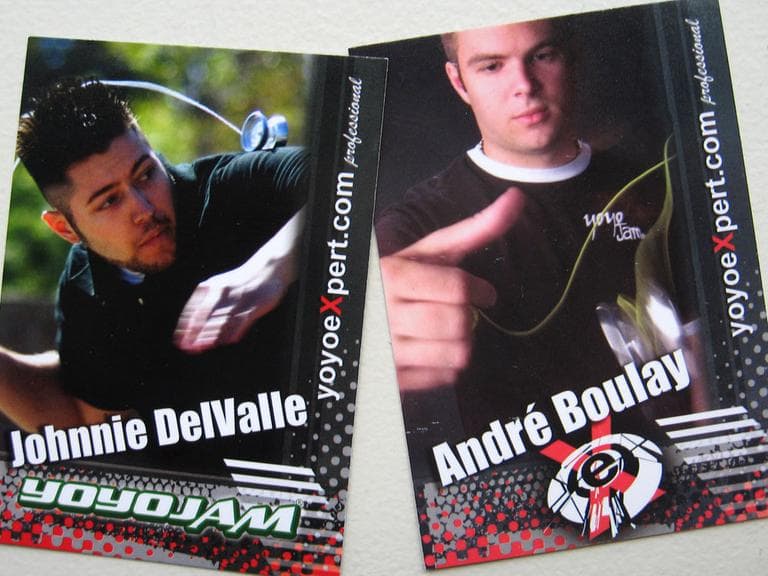 Collector cards of two former yo-yo champions &mdash; and two current competition judges. (Bill Littlefield/WBUR)