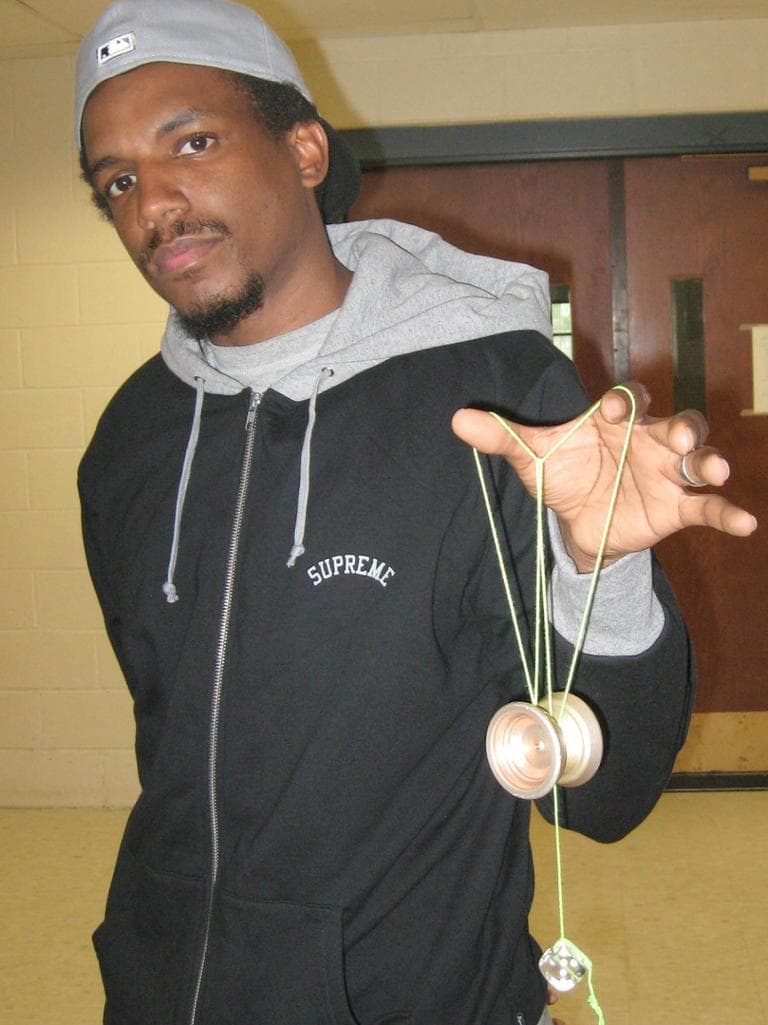 Jonathan Robinson came from Delaware for the competition in Northampton. Then he scored a perfect 100 in his specialty, the counterweight. (Bill Littlefield/WBUR)