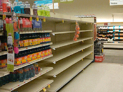 The water shelves at the Shaw's Supermarket in Canton were emptied again on Sunday. (Steve Brown/WBUR)