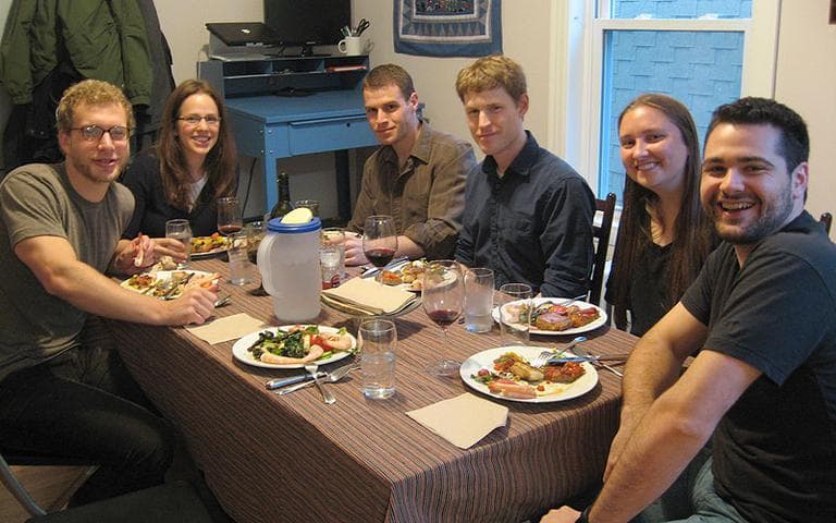 A recent "Paleo Potluck" at the Somerville apartment of Michal Naisteter and Nate Rosenberg. (Andrea Shea/WBUR)