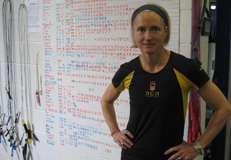 Vikki Hadden, a 46-year-old mother, takes a break from her Paleo fitness routine. (Andrea Shea/WBUR)