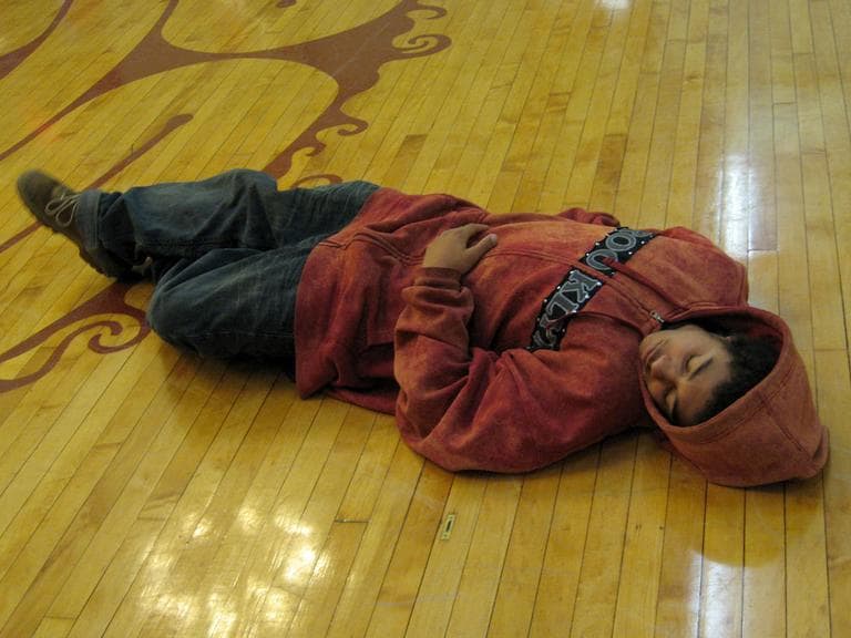 Caleb, acting as a corpse (Andrea Shea/WBUR)