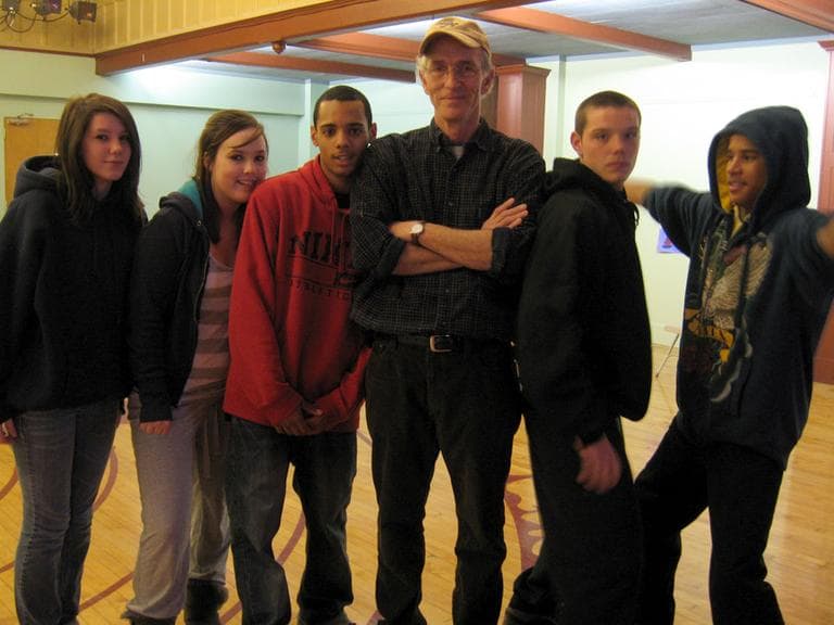 Kevin Coleman, fourth from left, and his actors at their “Shakespeare in the Courts” rehearsal. (Andrea Shea/WBUR)