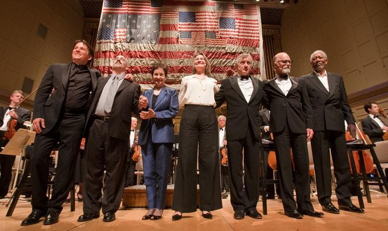 From left, Keith Lockhart, Peter Boyer, Lynn Ahrens, Cherry Jones, Robert De Niro, Ed Harris and Morgan Freeman at the "Dream Lives On" premiere Tuesday at Symphony Hall. (Micheal J. Lutch) (Click to enlarge)