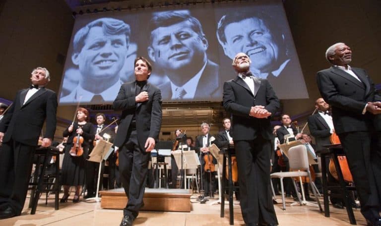 From left, Robert De Niro, Keith Lockhart, Ed Harris and Morgan Freeman with the Boston Pops following the premiere of "Dream Lives On." (Micheal J. Lutch) (Click to enlarge)