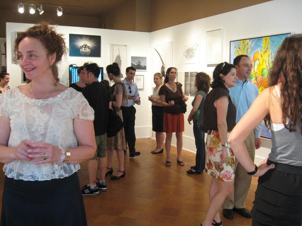 The opening party for the Judi Rotenberg Gallery's final exhibition. (Andrea Shea/WBUR)