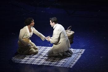 Johnny and his forbidden love interest Daisy Wyatt, played by Stephanie Umoh. (Marcus Stern/American Repertory Theater)