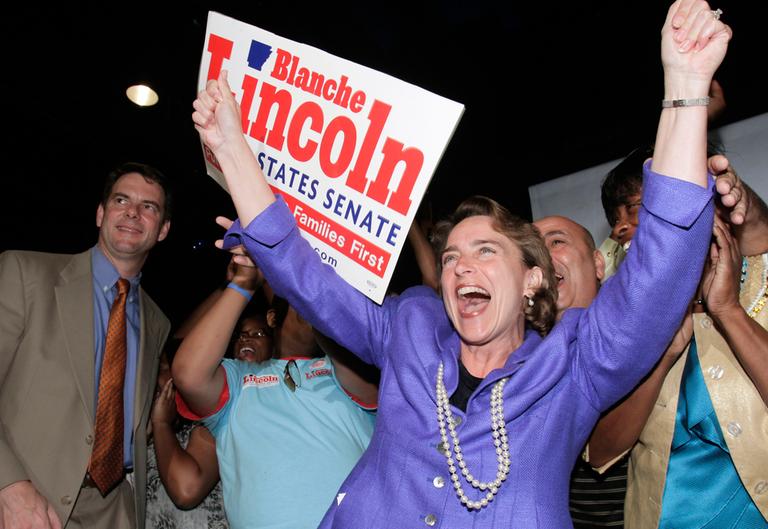 Sen. Blanche Lincoln, D-Ark., greets supporters as her husband Steve, left, watches as the senator claimed victory in the Democratic primary runoff election in Little Rock, Ark., on Tuesday. (AP)