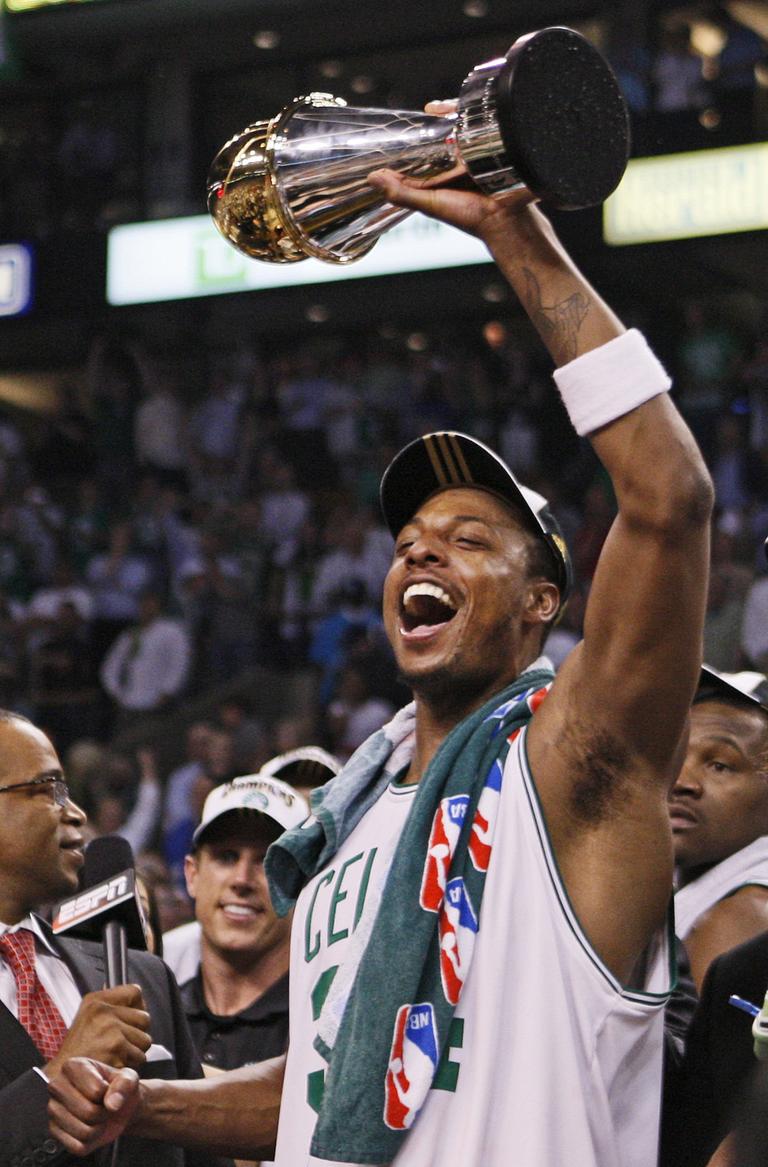 Paul Pierce holds the NBA Finals MVP trophy after the Celtics beat the Los Angeles Lakers to win the 2008 title. (AP) 