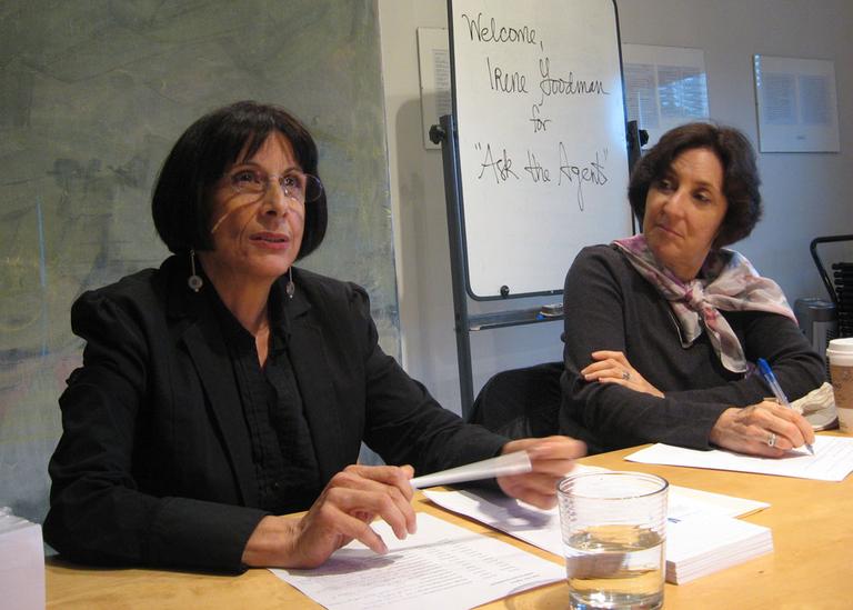 Literary agent Irene Goodman, left, answered questions about the publishing industry at a recent "Ask the Agent" event for Boston-area writers. (Andrea Shea/WBUR)