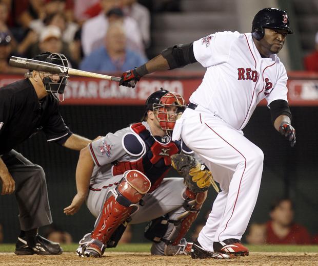 The American League's David Ortiz, of the Boston Red Sox, singles during the ninth inning of the All-Star baseball game on Tuesday in Anaheim, Calif. (AP)