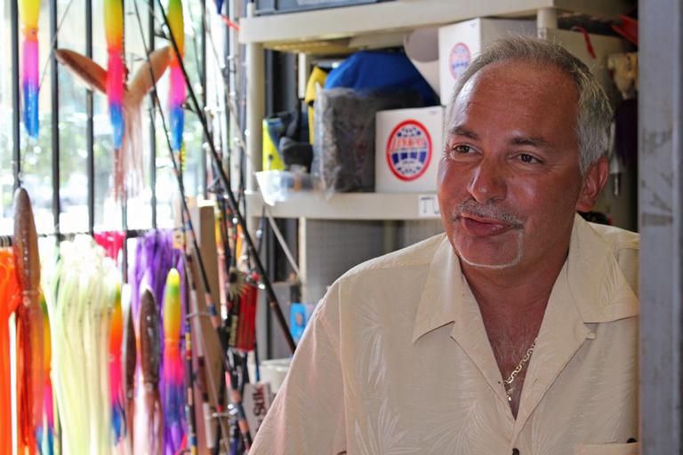 Pete Santini, owner of Fish Finatics in Everett, is your man for bait and intel in Boston Harbor. (Lisa Tobin/WBUR)