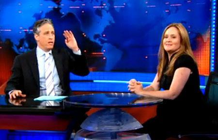 Samantha Bee and Jon Stewart on "The Daily Show" (Credit: TheDailyShow.com)