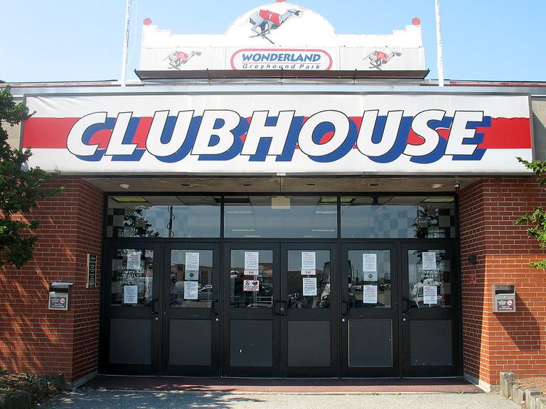 Wonderland Greyhound Park's doors were locked Thursday. (Martha Bebinger/WBUR)