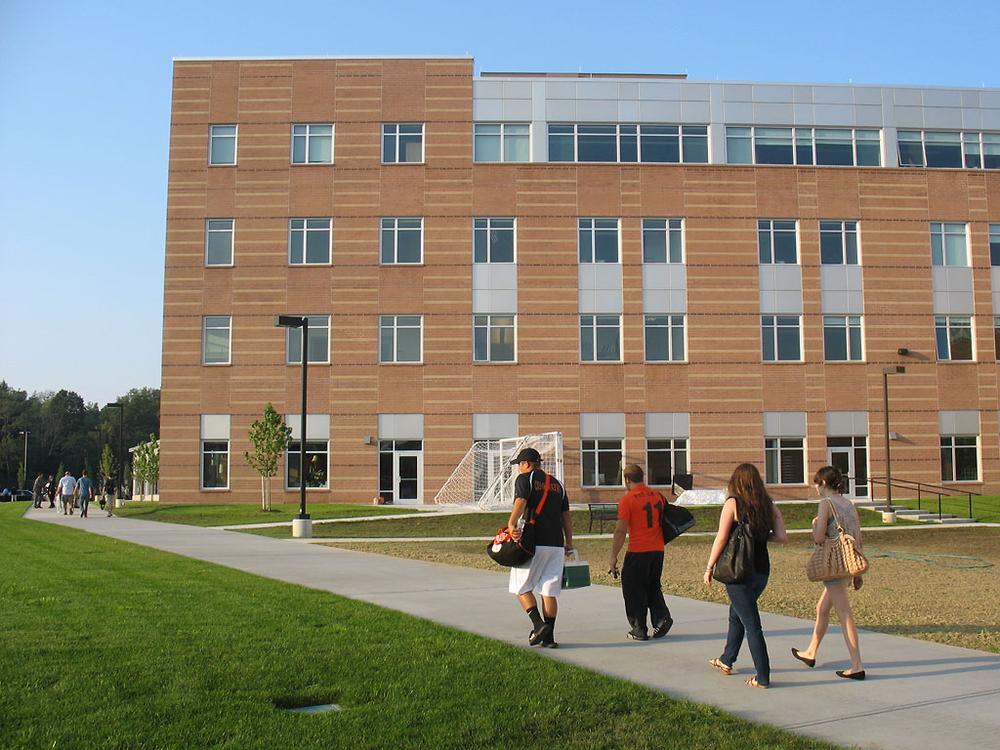 Newton North High School seniors walked through the new campus on Tuesday. (Monica Brady-Myerov/WBUR)