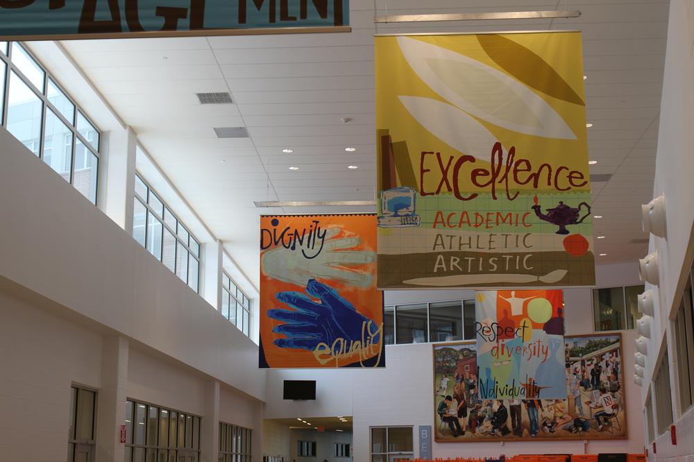 The new Newton North's main hallway, complete with windows. (Jeremy Bernfeld for WBUR)