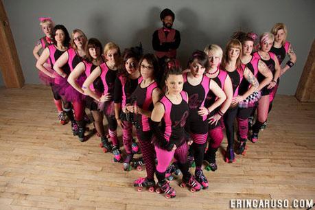 The Boston Nutcrackers roller derby team with Here &amp; Now's Kassandra Sundt, "Maya Mangleyou," sixth from right.