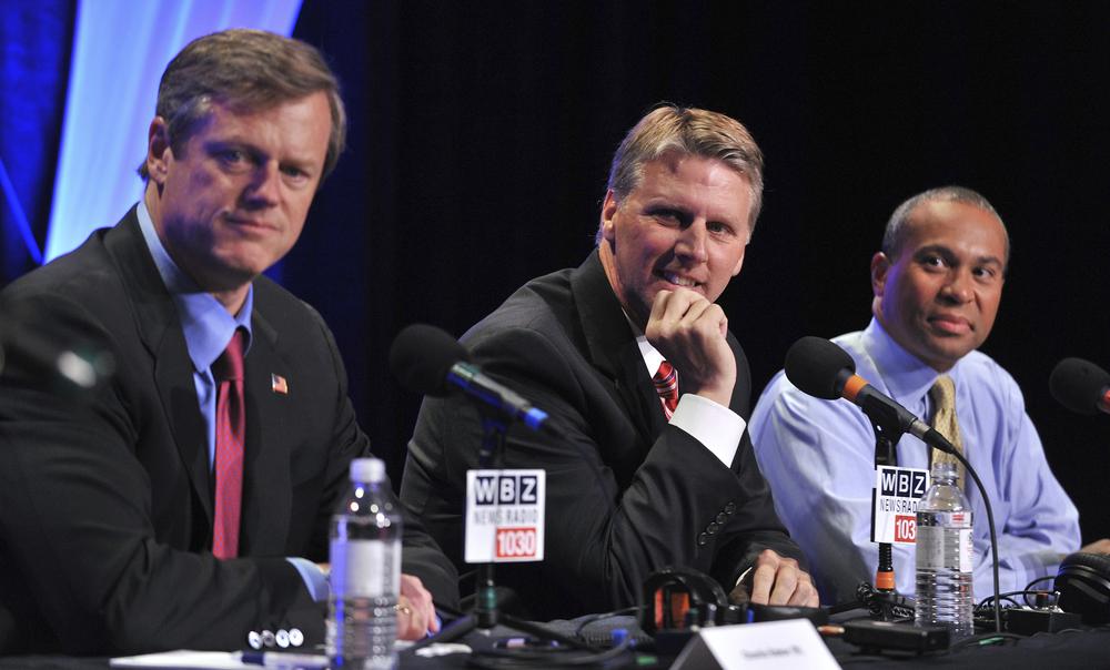 Gubernatorial candidates, from left, Republican Charles Baker, Independent Timothy Cahill and Democratic Gov. Deval Patrick, participate in a debate moderated by WBZ-AM host Dan Rea on Tuesday night. (AP)