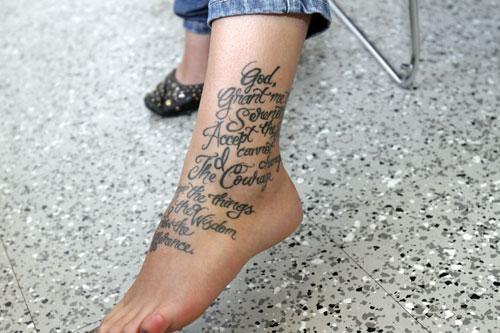 Theresa Michalowski's tattoo of the Serenity Prayer (WBUR's Jesse Costa).