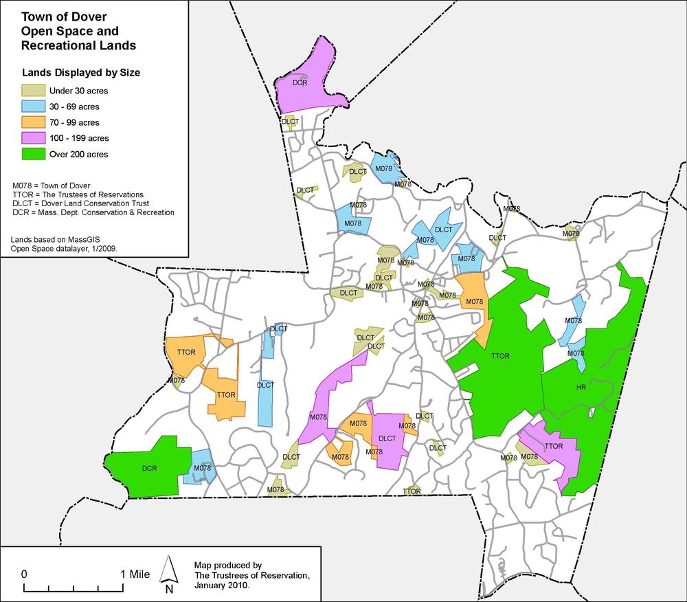A map of the public-owned open spaces in Dover, Mass. Bow hunting will be allowed on a small percentage of town land this year. (Courtesy of the Dover Board of Health)