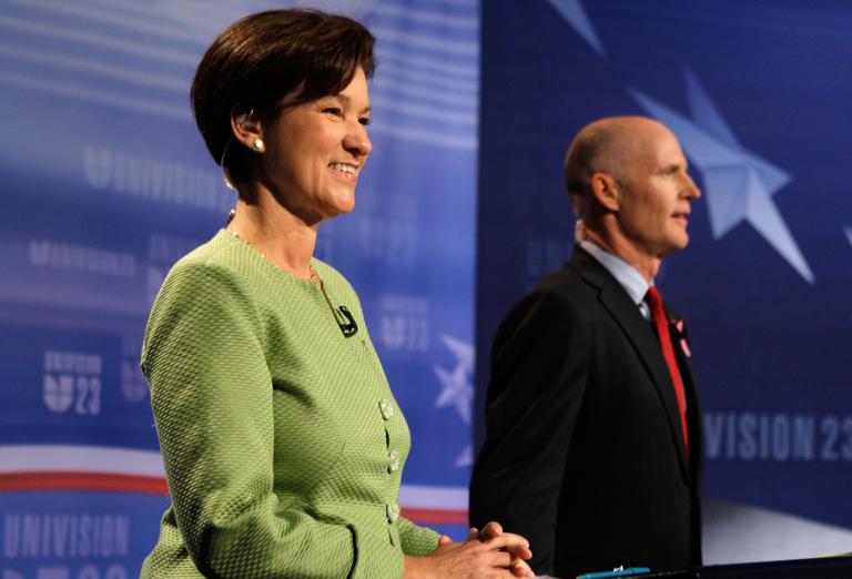 Candidates for Florida governor Alex Sink, left, and Rick Scott meet for their first face-to-face debate Friday, Oct. 8, 2010 in Miami. (AP)