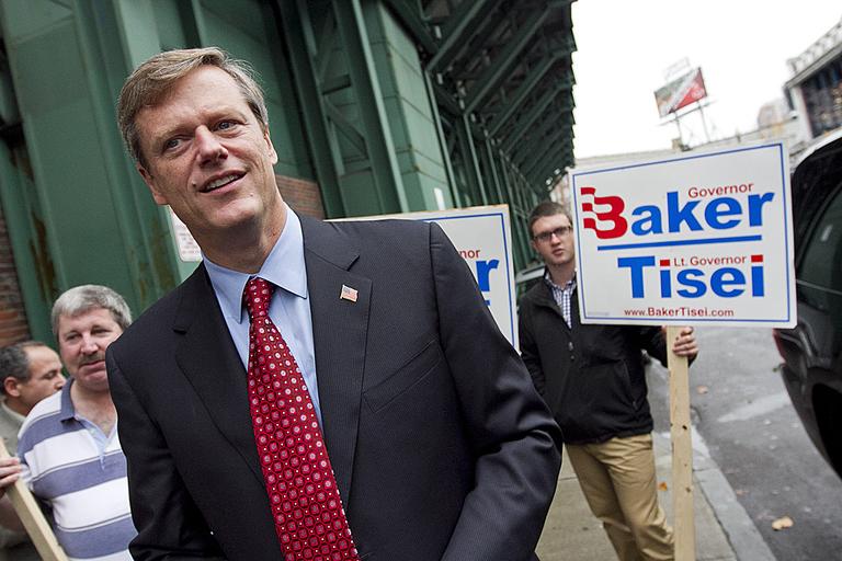 Republican candidate for governor Charlie Baker before a news conference Wednesday at the Bleacher Bar in Fenway Park. (Dominick Reuter for WBUR)