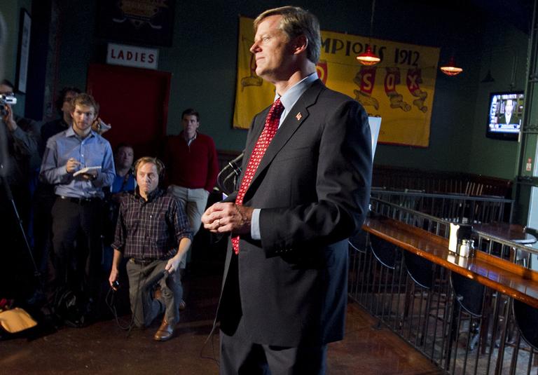 Republican candidate for governor Charlie Baker gives a news conference at the Bleacher Bar in Fenway Park Wednesday. (Dominick Reuter for WBUR) 