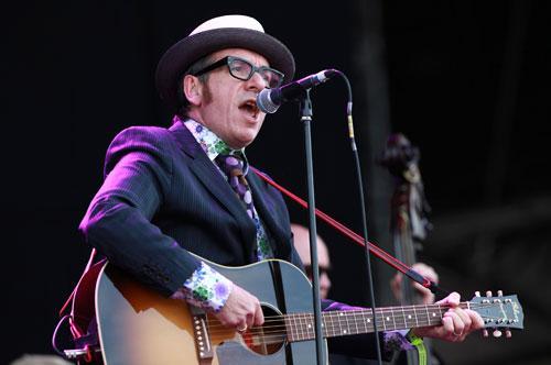 Elvis Costello performing at the 'Hard Rock Calling 2010' event in London, June 27, 2010. (AP)