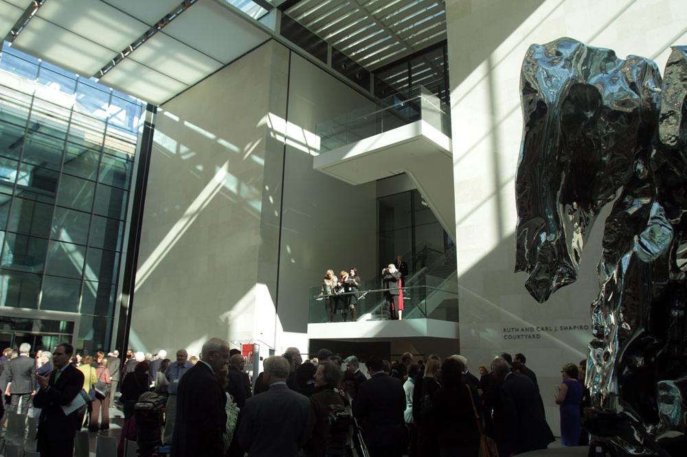 Inside the new Ruth and Carl J. Shapiro Family Courtyard at the entrance to the Art of the Americas wing at the Museum of Fine Arts, Boston (Andrew Phelps/WBUR)