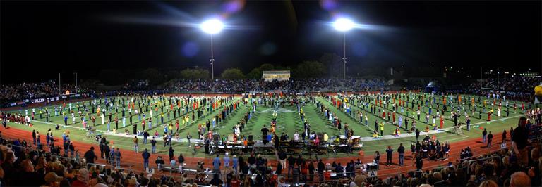 Allen High School's band is so large it can barely fit on the field. Click to enlarge. (Karen Given, composite by Jesse Costa/WBUR)