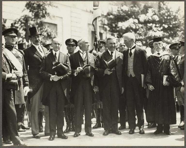 Celebrating the Massachusetts Tercentenary. Left to right: Gen. Pershing, unknown, Calvin Coolidge, Gov. Frank G. Allen, James M. Curley, John D. Rockefeller, Abbott L. Lowell — Presdent Of Harvard (Boston Public Library/Flickr)
