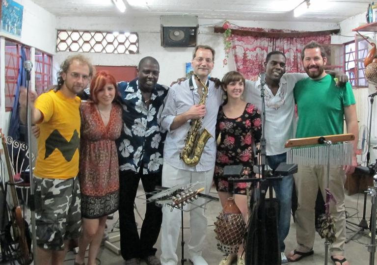 Students, and Prof. Neil Leonard, center with sax, from Berklee's Interarts Ensemble in Cuba (Courtesy of Berklee)