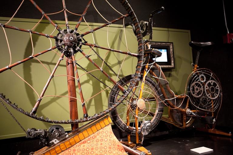 1 / 14 Steampunk 1 - Electricity Generating Bike An electricity generating bike from Steampunk: Form &amp; Function at The Charles River Museum of Industry &amp; Innovation (Nicholas Dynan for WBUR)