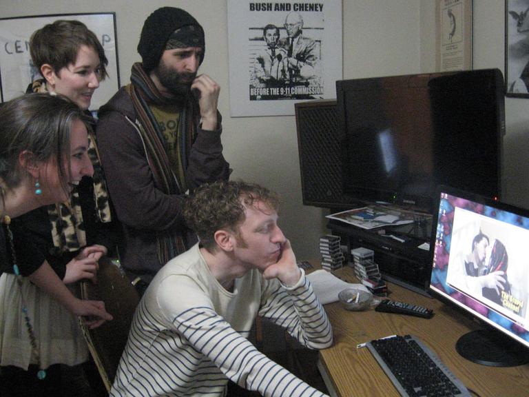 The crew from "Quiet D" watching a scene. (Andrea Shea/WBUR)