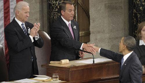 House Speaker John Boehner of Ohio shakes hands with President Barack Obama on Capitol Hill , Jan. 25, 2011. Vice President Joe Biden is at left. (AP)
