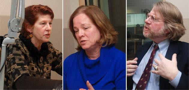 From left, Barbara Leadholm, the state Department of Mental Health commissioner, Lisa Lambert, executive director of the Parent Professional Advocacy League, and Dr. Gene Beresin, director of Child and Adolescent Psychiatry Residency Training at Massachusetts General Hospital, in WBUR's Studio 3 (Jesse Costa/WBUR)