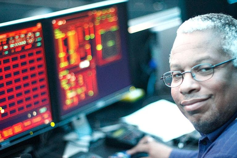 Systems Coordinator Daryl Davis at his "Death Star" command center (Andrea Shea/WBUR)