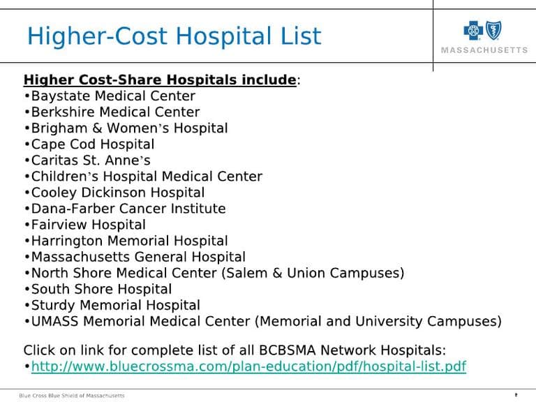 A list of the state's "higher-cost" hospitals (Courtesy Blue Cross Blue Shield of Massachusetts)