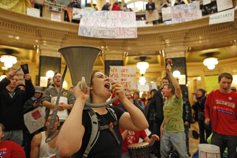 Opponents to Gov. Scott Walker's bill to eliminate collective bargaining rights for many state workers took part in their seventh day of protesting Monday. (AP)