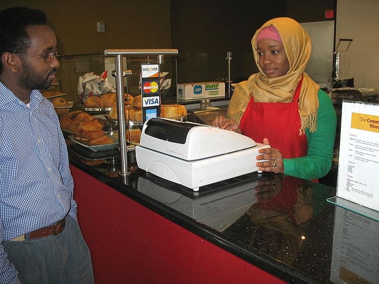 The Common Word Cafe at the mosque is a place for parents to socialize while their children are at school, or for students in the area to take a break from their studies. (Martha Bebinger/WBUR)