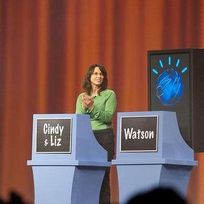 Watson and competitors during a Jeopardy! training round