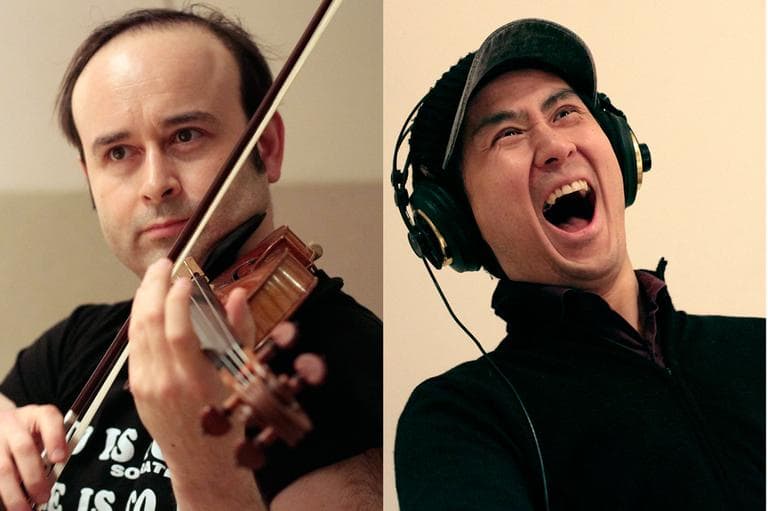 Aleksey Igudesman and Hyung-ki Joo in WBUR studios. (Jesse Costa/WBUR)